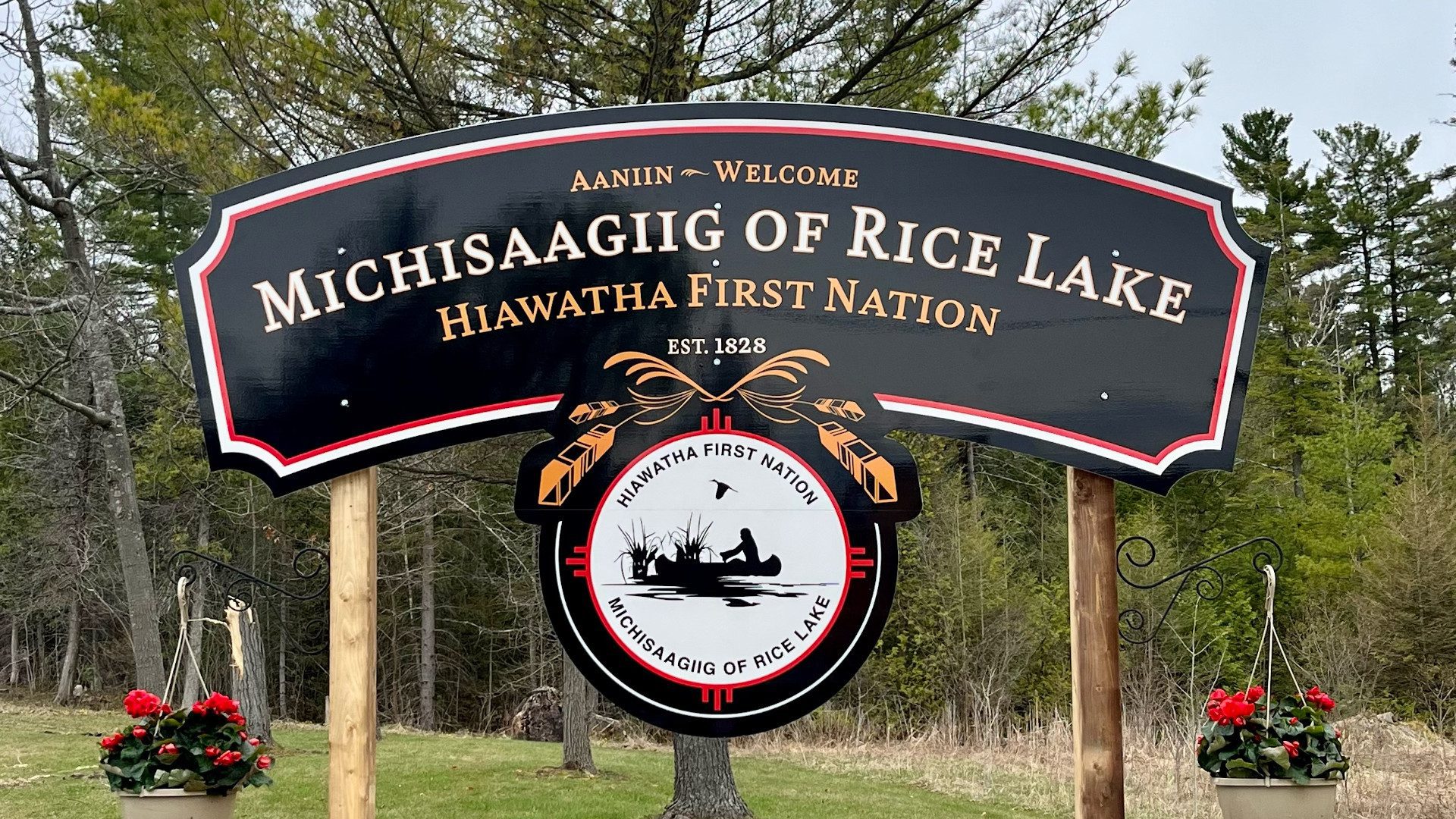 Entrance sign of the Michisaagiig of Rice Lake Hiawatha First Nations Located on Rice Lake Ontoabee-South Monaghan Ontario Entrance sign of the Michisaagiig of Rice Lake Hiawatha First Nations Located on Rice Lake Ontoabee-South Monaghan Ontario